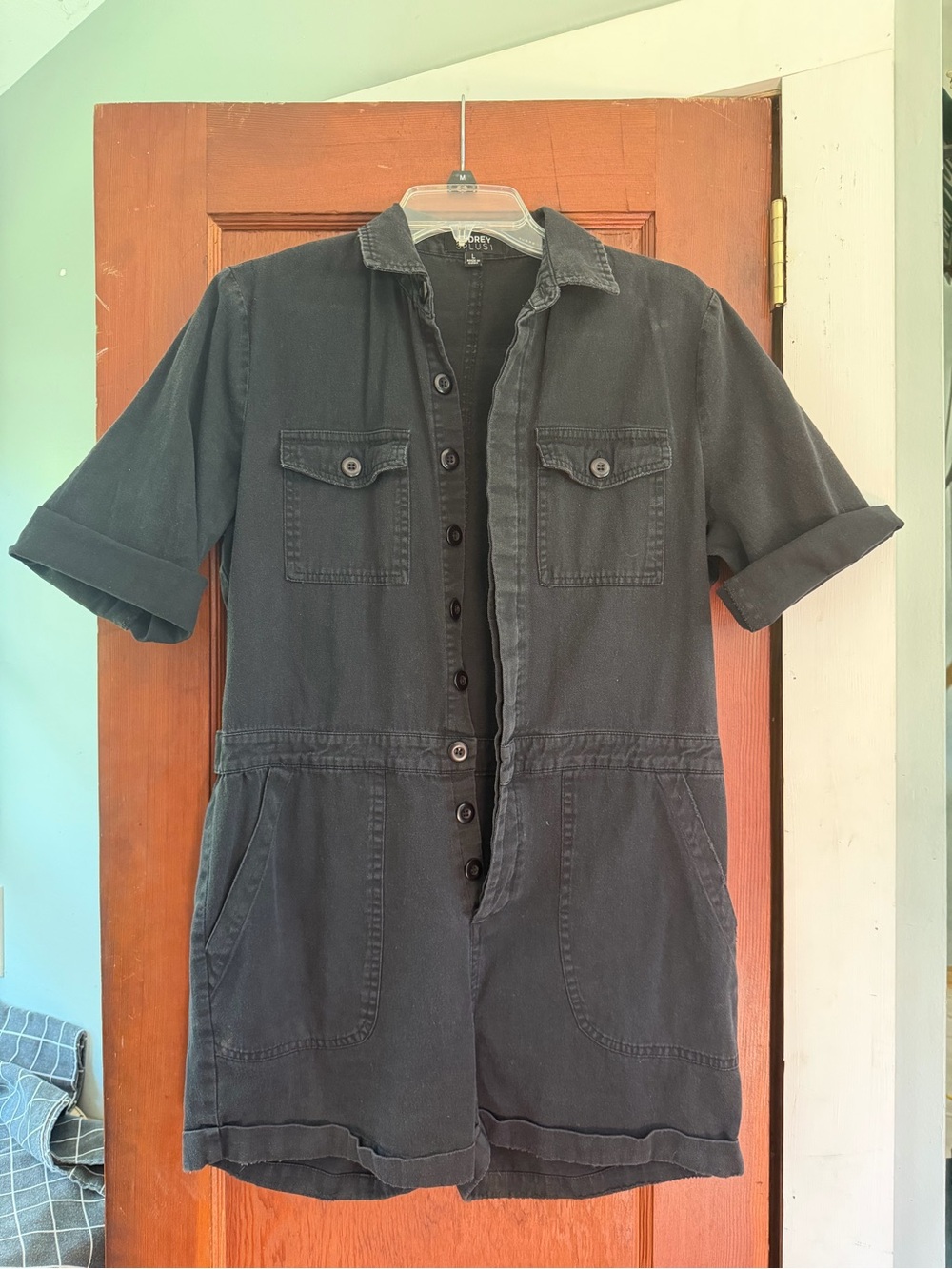 Black Utility Button-Front Romper Shorts